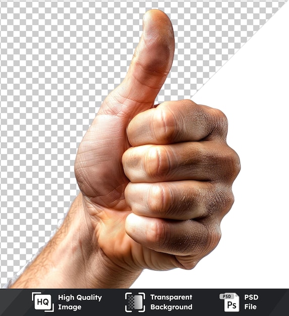 PSD closeup of male hand showing thumbs up sign against isolated on transparent background