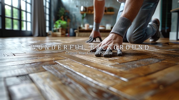 PSD closeup of a mans hands applying sealant to a wooden floor hardwood floor refinishing and repair