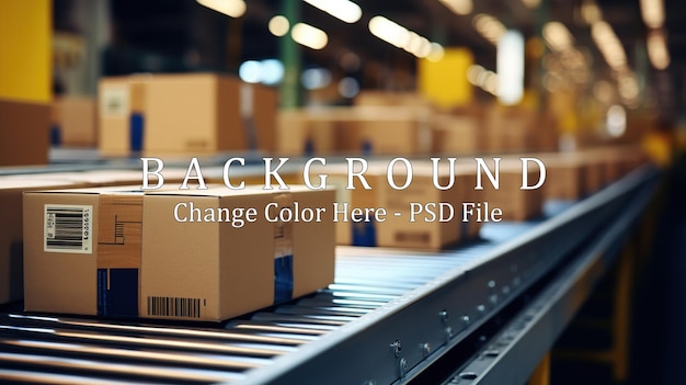 PSD closeup of multiple cardboard box packages seamlessly moving along a conveyor belt in a warehouse