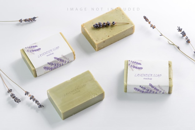 Closeup of natural herbal soap mockup with lavender flowers