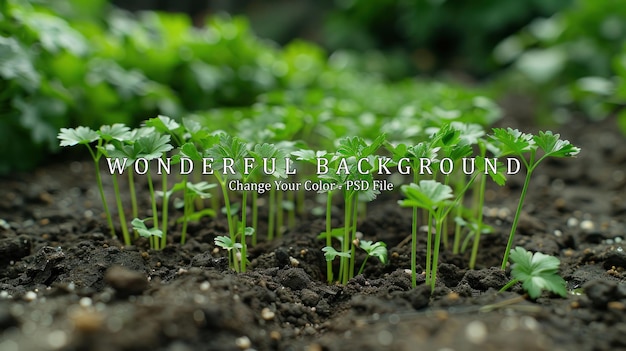 PSD closeup of parsley seedlings in the garden