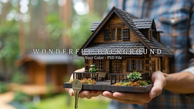 PSD closeup of a person holding a miniature wooden house model with keys concept of home ownership real estate new home purchase and property investment