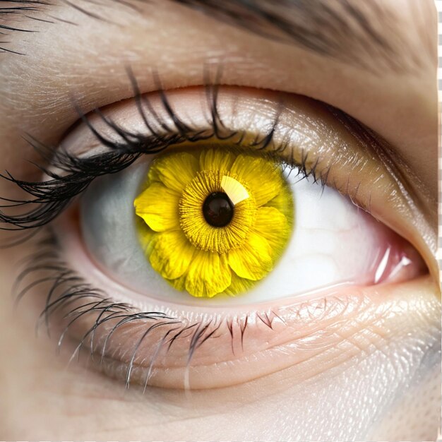 a closeup of a persons eye with a yellow iris on transparent background