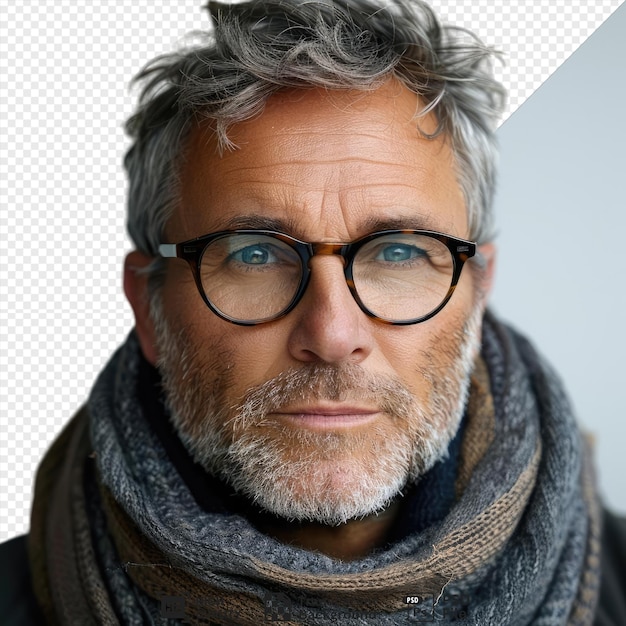 closeup portrait of a calm attractive gray headed man in stylish eyeglasses posing for the camera png psd