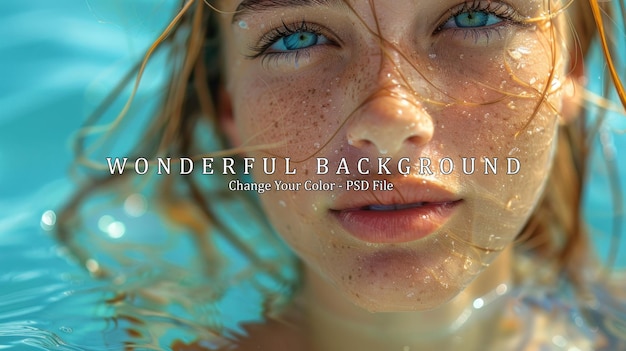 PSD closeup portrait of a woman with blue eyes and freckles in a pool