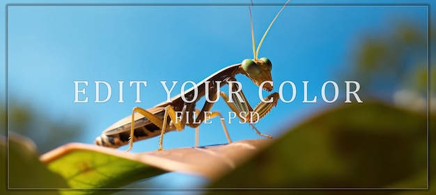 PSD closeup of praying mantis on leaf with a blue sky background