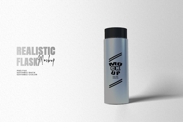 Closeup of reusable steel water flask Editable color isolated on white background with copy space Water flask mockup