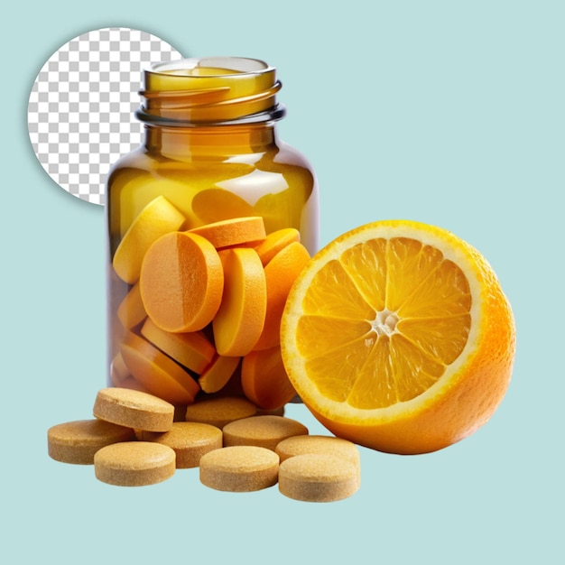 PSD closeup shot of yellow tablets fallen out brown bottle on transparent background