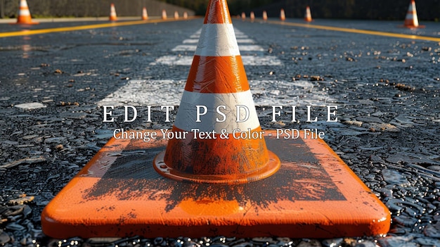 PSD closeup of a single traffic cone on a wet asphalt road