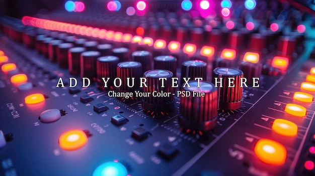 PSD closeup of a sound mixing console with knobs and lights