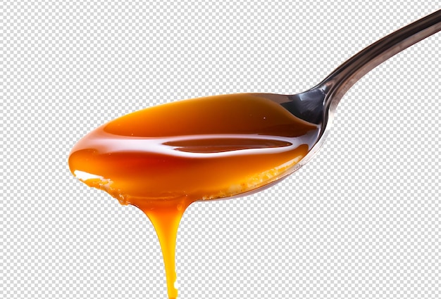 PSD closeup of spoon with caramel cream on transparent background