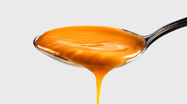 PSD closeup of spoon with caramel cream on transparent background