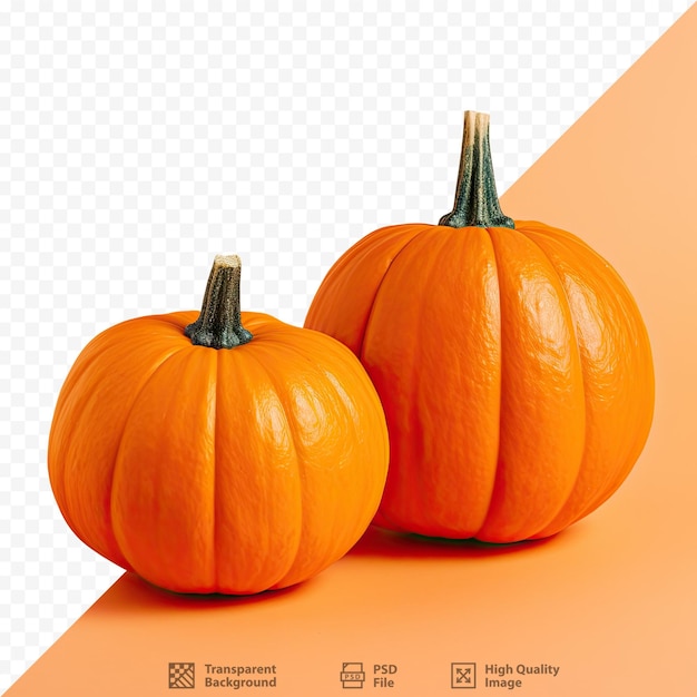 Closeup square format image of recipe concept for Halloween cooking featuring two orange pumpkins on a transparent background with copy space