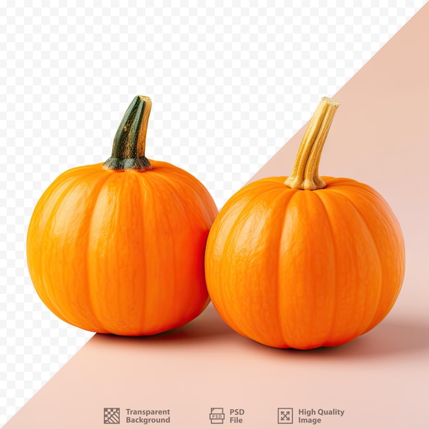 Closeup square format image of recipe concept for Halloween cooking featuring two orange pumpkins on a transparent background with copy space