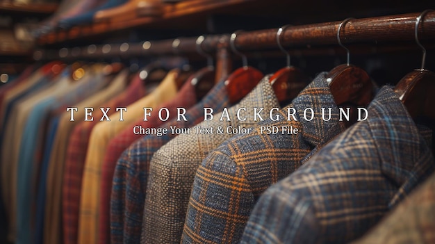 PSD closeup of suits hanging on a rack in a mens clothing store