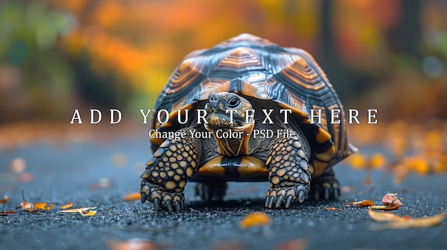 PSD closeup of a tortoise walking on a path in autumn