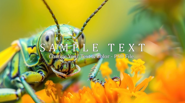 PSD closeup of a vibrant green grasshopper on orange flower