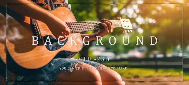 PSD closeup of a woman playing acoustic guitar outdoors