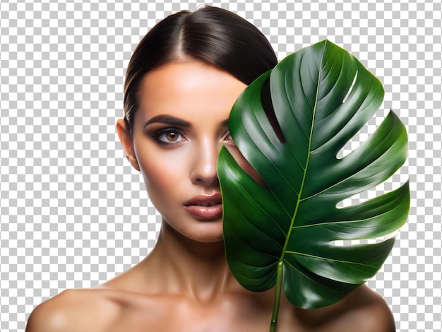 PSD closeup of woman with tropical leaf covering half of face isolated transparent