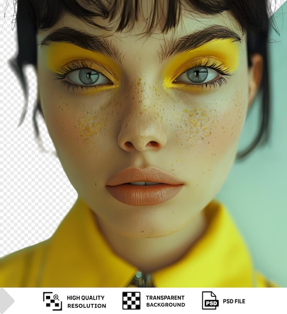 PSD closeup of a woman with yellow eye shadow and freckles against a transparent background