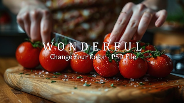 PSD closeup of a womans hand slicing a tomato on a wooden cutting board