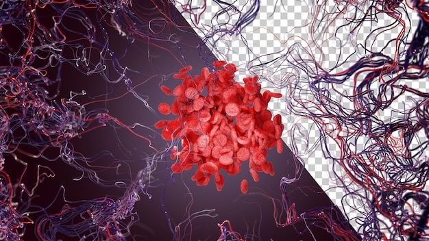 Clot of blood cells 3d render Chaotic blood cells on background of veins Medicine diseases Donor Day