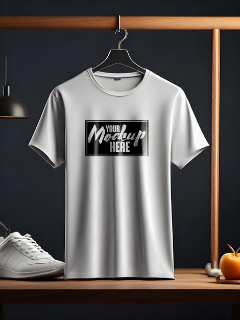 clothes hanger mockup of white tshirt front view design