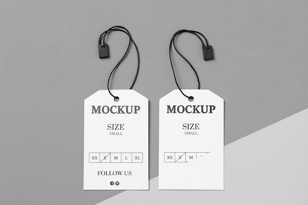 Clothing white size tags with black thread mock-up