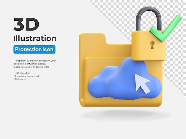 Cloud icon storage data protection secured with locked padlock and check mark 3d render illustration