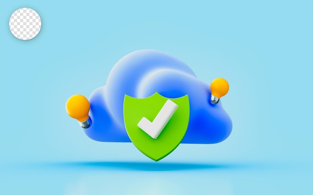 cloud lightbulb security check mark sign 3d render concept for server data maintenance protection