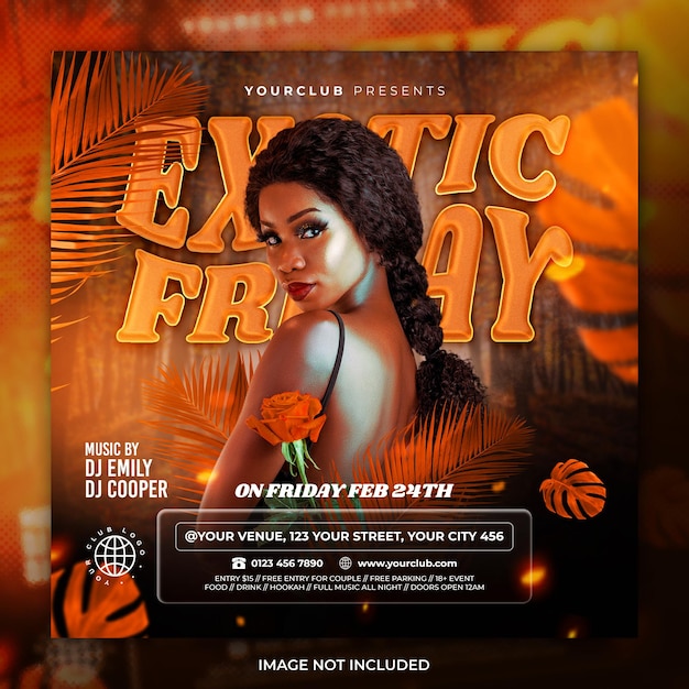 Club dj exotic friday party flyer social media post template