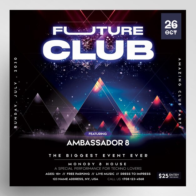 PSD club futuristic dj party flyer template instagram