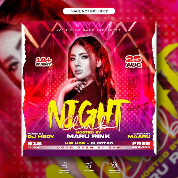 Club night dj party flyer social media post and web banner template