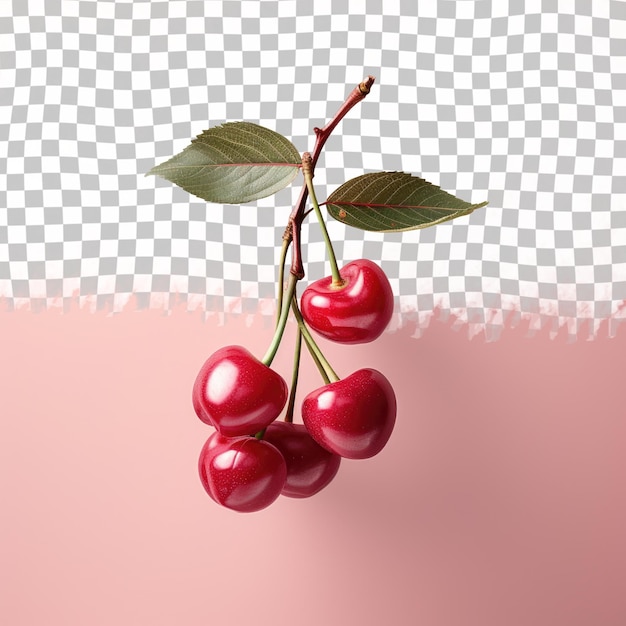 A cluster of cherries a seedless fruit with green leaves on a transparent