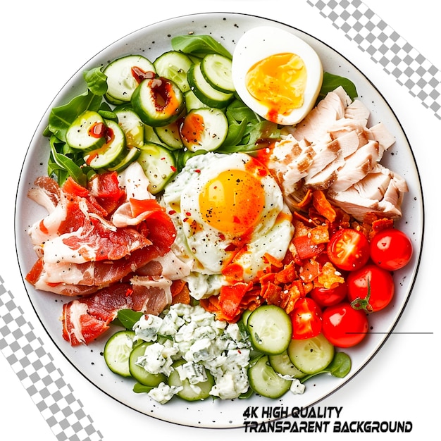 Cobb salad in plate top view isolated on white background on transparent background