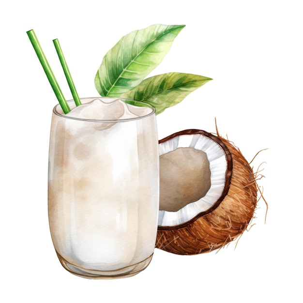 PSD coconut drink isolated detailed watercolor hand drawn painting illustration