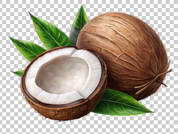 Coconut fruit and shredded flakes against transparent background