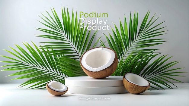 PSD coconut halves on white podium with palm leaves