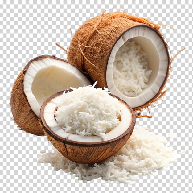 PSD coconut is cut and shredded on transparent background