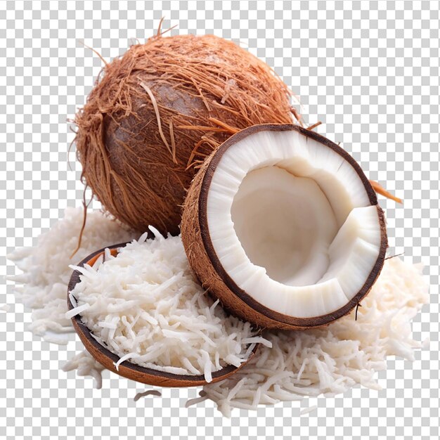 Coconut is cut and shredded on transparent background