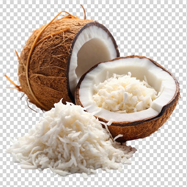 Coconut is cut and shredded on transparent background