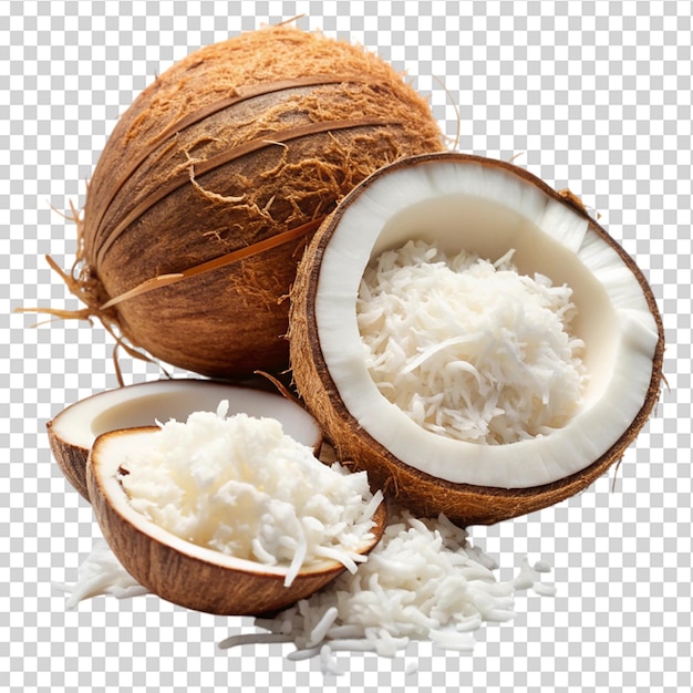 Coconut is cut and shredded on transparent background