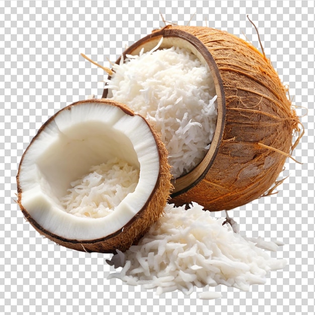 Coconut is cut and shredded on transparent background