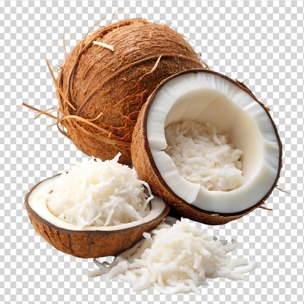 Coconut is cut and shredded on transparent background