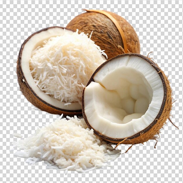 Coconut is cut and shredded on transparent background