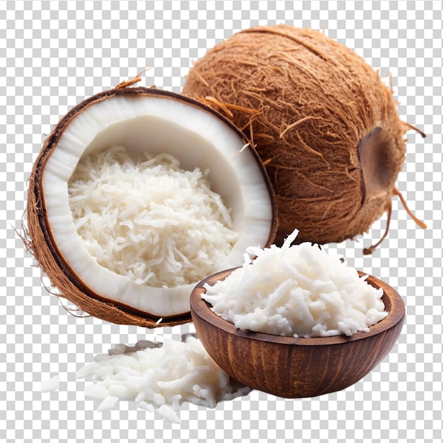 PSD coconut is cut and shredded on transparent background