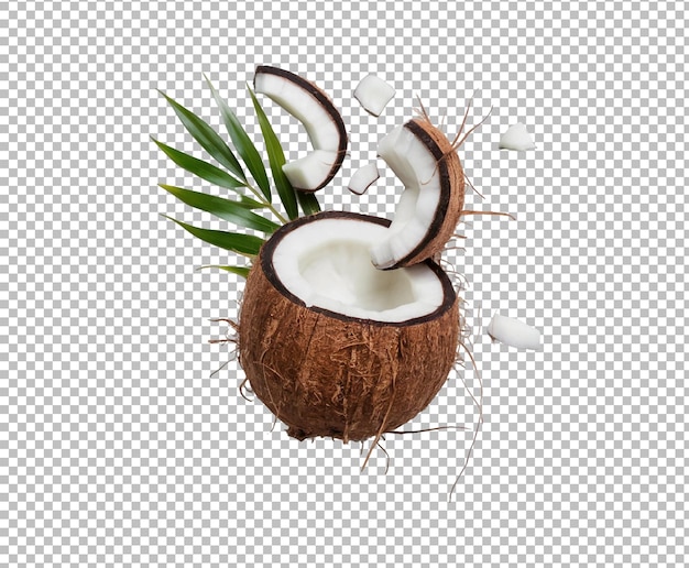 PSD coconut isolated coconut slice and piece with leaves on transparent background ai generative