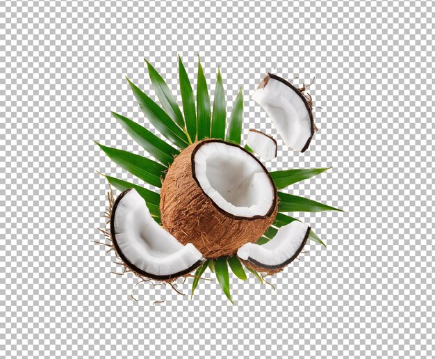 PSD coconut isolated coconut slice and piece with leaves on transparent background ai generative