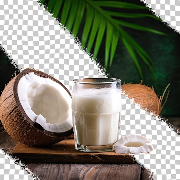 Coconut juice and white meat with peeled coconut on transparent backgrounden background