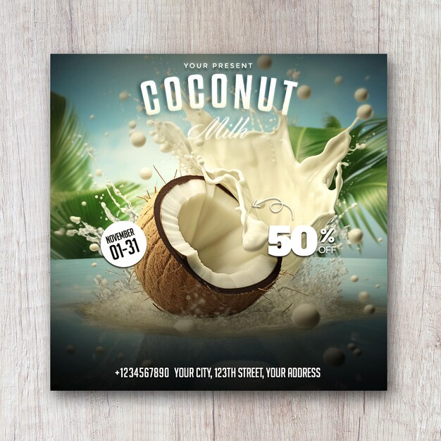 PSD coconut milk promotion square flyer social media banner design post